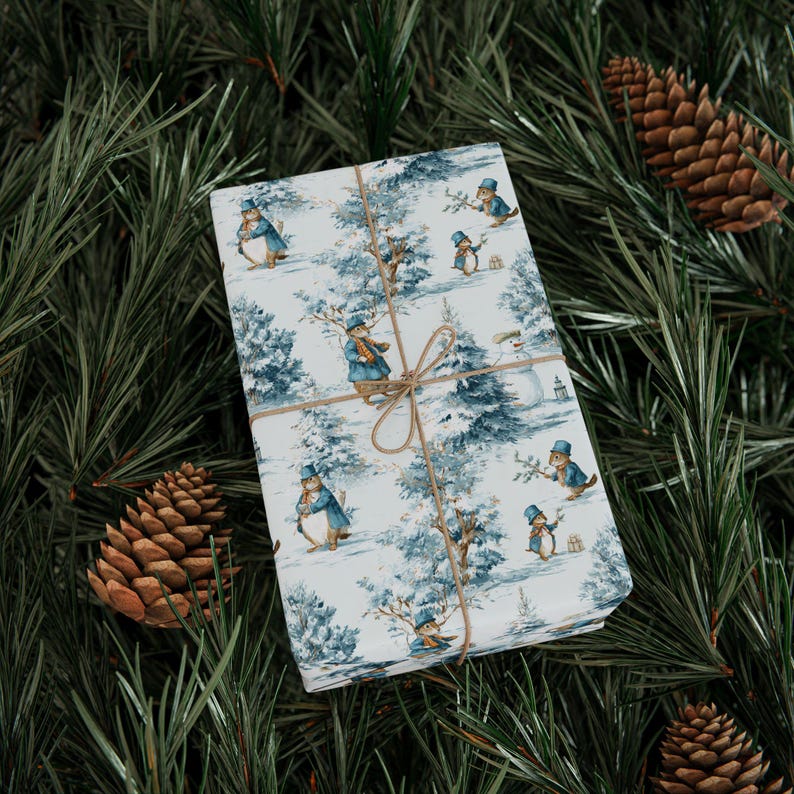 Woodland Squirrel Winter Wrapping Paper, Watercolor Gift Wrap for Christmas Holiday, Cute Winter Squirrels Pastel Blue Present Packaging image 6