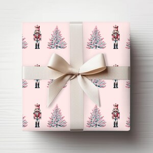 Pink Nutcracker Christmas Wrapping Paper - Watercolor Nutcracker Soldiers Xmas Trees Gift Wrap, Preppy Wrapping Paper Roll Pastel Presents