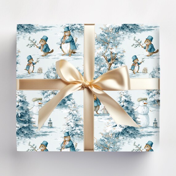 Woodland Squirrel Winter Wrapping Paper, Watercolor Gift Wrap for Christmas Holiday, Cute Winter Squirrels Pastel Blue Present Packaging