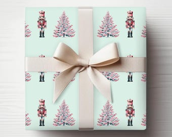 Nutcracker Christmas Wrapping Paper - Watercolor Nutcracker Soldiers Xmas Trees Gift Wrap, Mint Wrapping Paper Roll Pastel Present Packaging