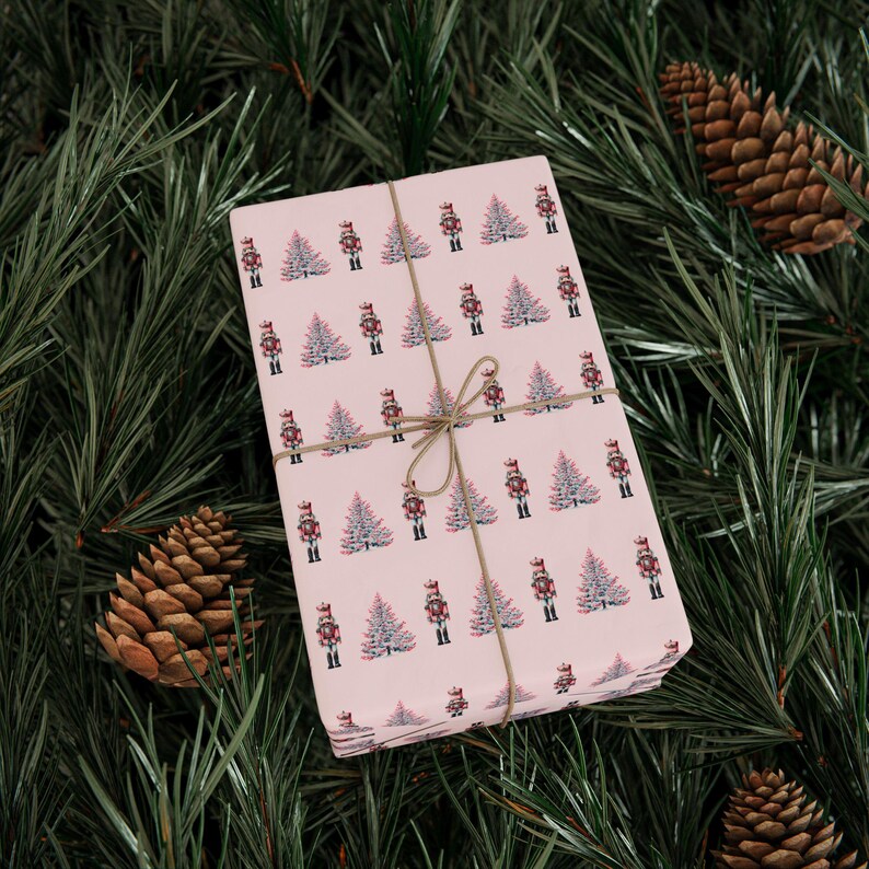 Pink Nutcracker Christmas Wrapping Paper - Watercolor Nutcracker Soldiers Xmas Trees Gift Wrap, Preppy Wrapping Paper Roll Pastel Presents image 8