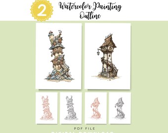 May include: A digital download featuring two watercolour painting outlines of tall, whimsical towers. The set includes coloured versions and line art variations in red, blue, and black. The text reads 2 Watercolour Painting Outline PDF File.