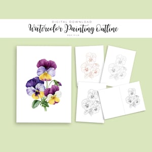 May include: Digital download of a watercolor painting outline. The image features a vibrant watercolor painting of pansies in purple, yellow, and white, alongside several outline drawings of the same flower. The text "Watercolor Painting Outline" is displayed at the top.