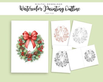 Festive Christmas Wreath Watercolor Outline | Red Bow Holiday Painting Template | DIY Card PDF