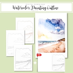May include: Digital download of a watercolor painting outline. The image shows a completed watercolor painting of a beach scene with blue skies and white clouds, along with several outline versions of the same image.