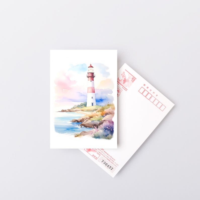 May include: Watercolor postcard featuring a lighthouse with red and white stripes, set against a coastal landscape with blue water and colorful skies. A second blank postcard is visible. The postcard has the number 730457.
