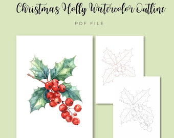 Christmas Holly Watercolor Outline PDF | Drawing Template