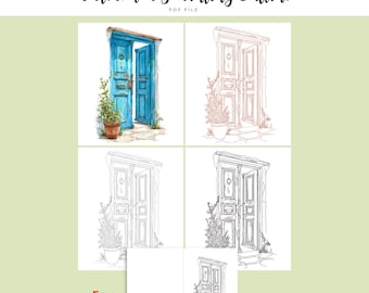 Vintage Blue Door Watercolor Outline | Rustic Architecture Painting Template | Mediterranean House Coloring Page