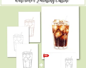 Iced Americano Watercolor Outline | Cafe Wall Art DIY | Bonus Card Template | PDF