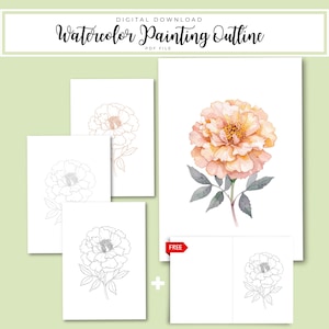 Könnte beinhalten: Ein digitaler Download mit einer Aquarellmalerei-Umrisszeichnung einer Blume. Das Bild enthält eine vollfarbige Blume und mehrere Strichzeichnungen derselben Blume. Der Text "Watercolor Painting Outline" wird oben angezeigt.