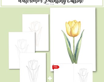 Gelbe Tulpe Aquarell Gliederung PDF | Druckbare Malvorlage | Erwachsenen Malseite