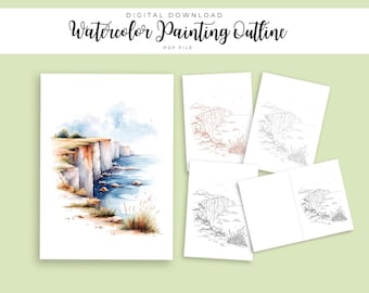 Coastal Cliff Watercolor Outline | Ocean Seascape Painting Template |DIY Greeting Card PDF
