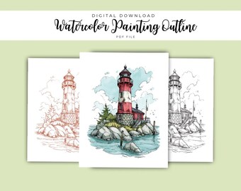 May include: A digital download PDF file featuring a watercolour painting outline of a lighthouse on a rocky island. The central image shows a red and white lighthouse with blue water and clouds. Two additional versions are shown in monochrome.