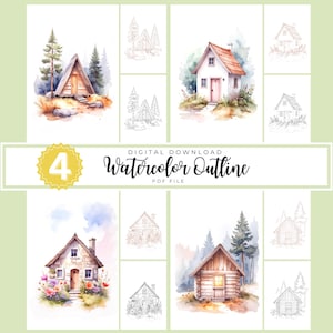 May include: A collection of watercolor illustrations featuring cabins and houses, with a mix of color and outline drawings. The text "DIGITAL DOWNLOAD WATERCOLOR OUTLINE PDF FILE" is displayed. The number "4" is in a yellow circle.