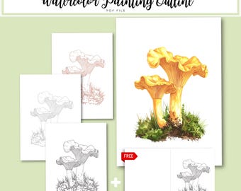 Yellow Chanterelle Mushroom Watercolor Outline | Botanical Line Art PDF for Painting