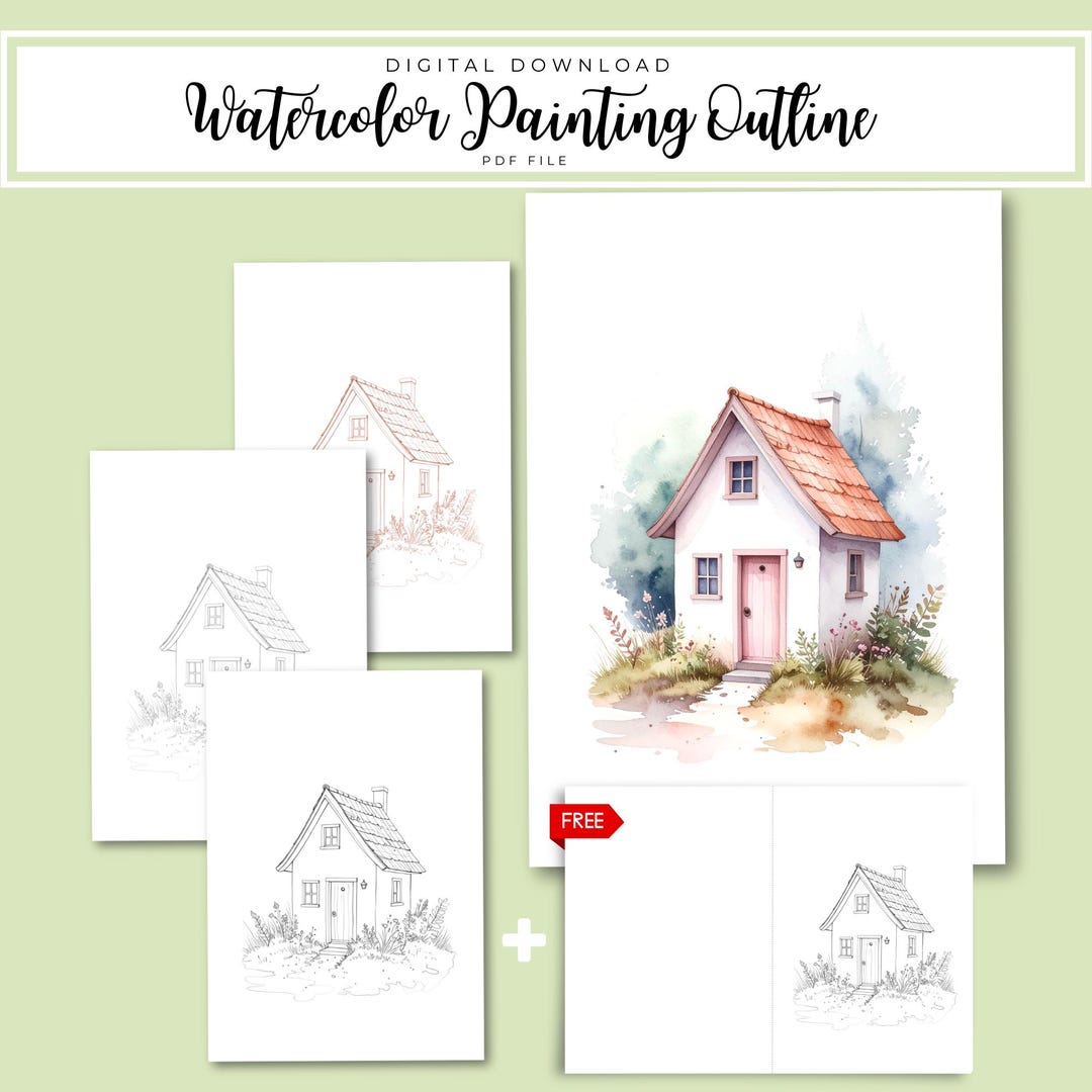 Pink Cottage Watercolor Outline | Cottagecore DIY Card Template PDF - Etsy