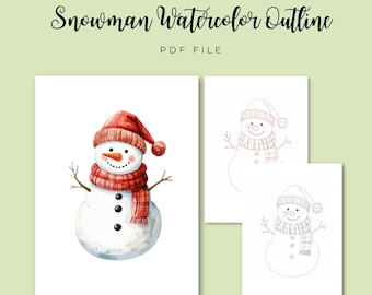Christmas Snowman Watercolor Outline PDF | Painting Template