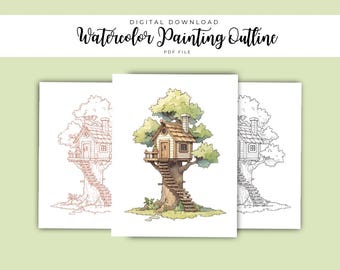 Treehouse Watercolor Outline | Whimsical Woodland Painting Template | Forest Cabin Coloring Page PDF