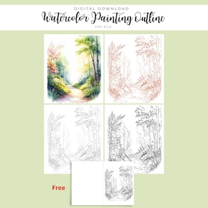 Forest Path Watercolor Outline | Woodland Landscape Painting Template | Nature Trail Coloring | PDF