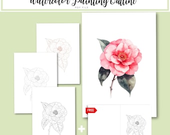 Camellia Watercolor Outline PDF | Botanical Flower Template