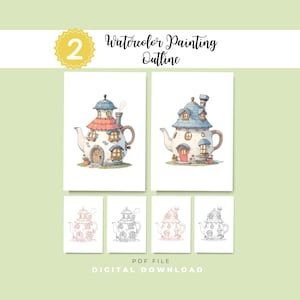 Può includere: Due illustrazioni ad acquerello di case a forma di teiera con pareti in pietra, porte ad arco e finestre, accompagnate da quattro disegni al tratto degli stessi motivi. Il testo recita 2 Watercolor Painting Outline e PDF File Digital Download.