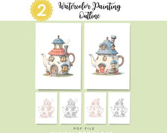 Teapot House Watercolor Outlines | Whimsical Fairy Tale Cottage Painting Template (PDF Download)