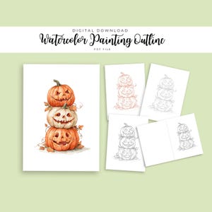 Stacked Halloween Pumpkins Watercolor Outline | Jack-o-Lantern Painting Template | Autumn Fall Decor Line Art | PDF