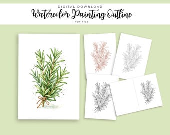 Rosemary Bundle Watercolor Outline | Botanical Herb Painting Template | Kitchen Decor | DIY Card PDF