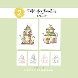 Può includere: Due contorni per pittura ad acquerello con case a forma di teiera, con quattro versioni più piccole in bianco e nero sottostanti. Il testo recita 2 Watercolor Painting Outline e PDF File Digital Download. I disegni mostrano strutture.