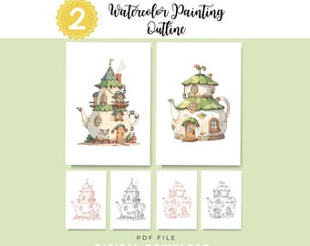 Teapot House Watercolor Outlines | Whimsical Fairy Tale Cottage Painting Template (PDF Download)