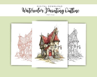 Whimsical Fairy Cottage Watercolor Outline | Eingish cottage Painting Template | Urban Sketch PDF