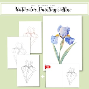 May include: Digital download of a watercolor painting outline. The image features a watercolor painting of a blue iris flower with yellow accents, along with several outline drawings of the same flower. The text "Watercolor Painting Outline" is displayed at the top.