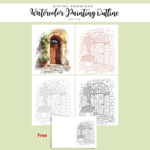 Peut inclure: Téléchargement numérique d'un contour de peinture à l'aquarelle d'une porte. L'image comprend une peinture à l'aquarelle, un dessin au trait et deux dessins au trait en noir et blanc de la même porte. Le mot "Free" est en bas.