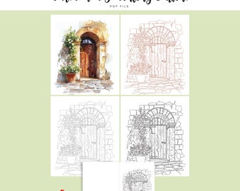Rustic Arched Door Watercolor Outline | Vintage Stone Architecture Painting Template | Tuscan House Coloring Page