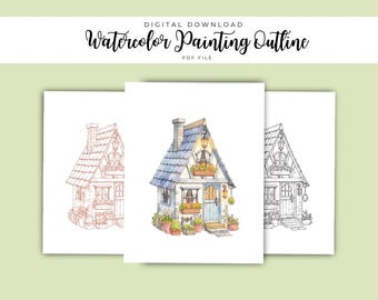May include: A digital download PDF file titled Watercolor Painting Outline featuring three illustrations of a cottage. The centre image is a coloured watercolour house with a blue roof, while the flanking images are black and red line art outlines.