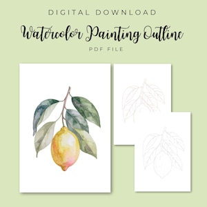 Könnte beinhalten: Digitaler Download mit einer Aquarellmalerei-Umriss. Das Kunstwerk zeigt eine Zitrone auf einem Ast mit grünen Blättern. Der Text "Watercolor Painting Outline" und "PDF File" sind zu sehen.