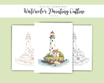 Lighthouse Watercolor Outline | Coastal Landscape Painting Template | Ocean Decor
