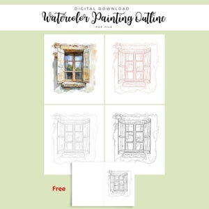 Puede incluir: Descarga digital con un contorno de pintura de acuarela de una ventana. La imagen incluye una pintura de acuarela, un dibujo lineal y un imprimible gratuito. El texto "Watercolor Painting Outline" está en la parte superior.