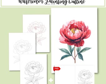 Red Peony Watercolor Outline – Floral Painting Template PDF