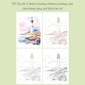 May include: A PDF file with four sheets featuring lighthouse art. The top left image is a watercolor painting of a lighthouse with red and white stripes. The other images are line art in brown, grey, and black.