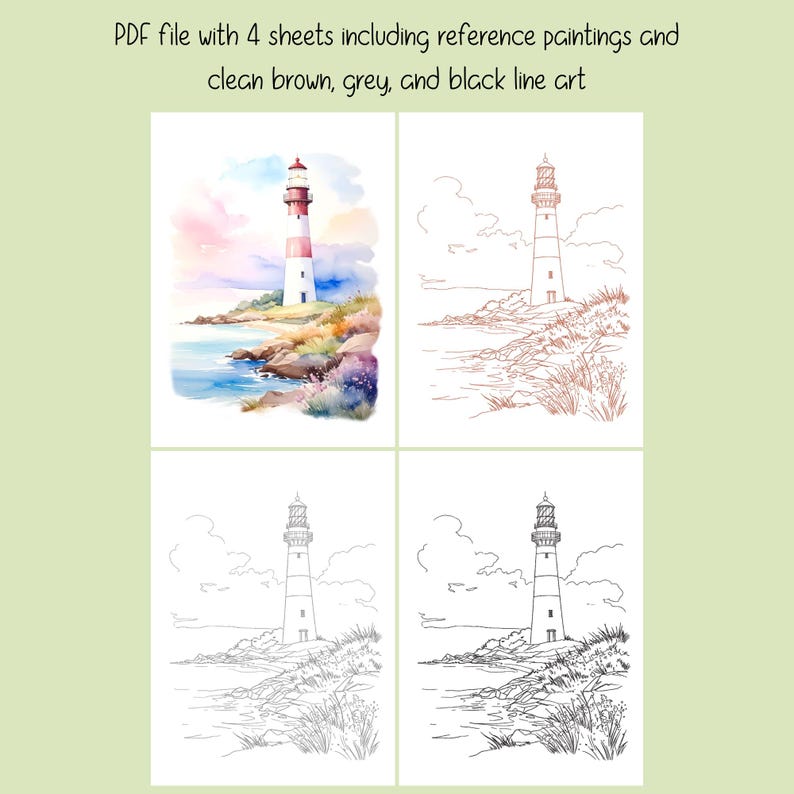 May include: A PDF file with four sheets featuring lighthouse art. The top left image is a watercolor painting of a lighthouse with red and white stripes. The other images are line art in brown, grey, and black.