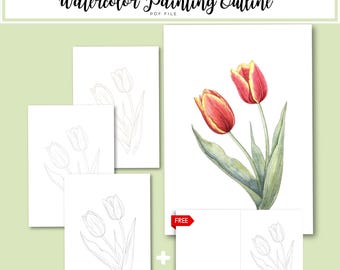Tulpen Aquarell Kontur PDF | Druckbare Malvorlage | Erwachsenen Malseite