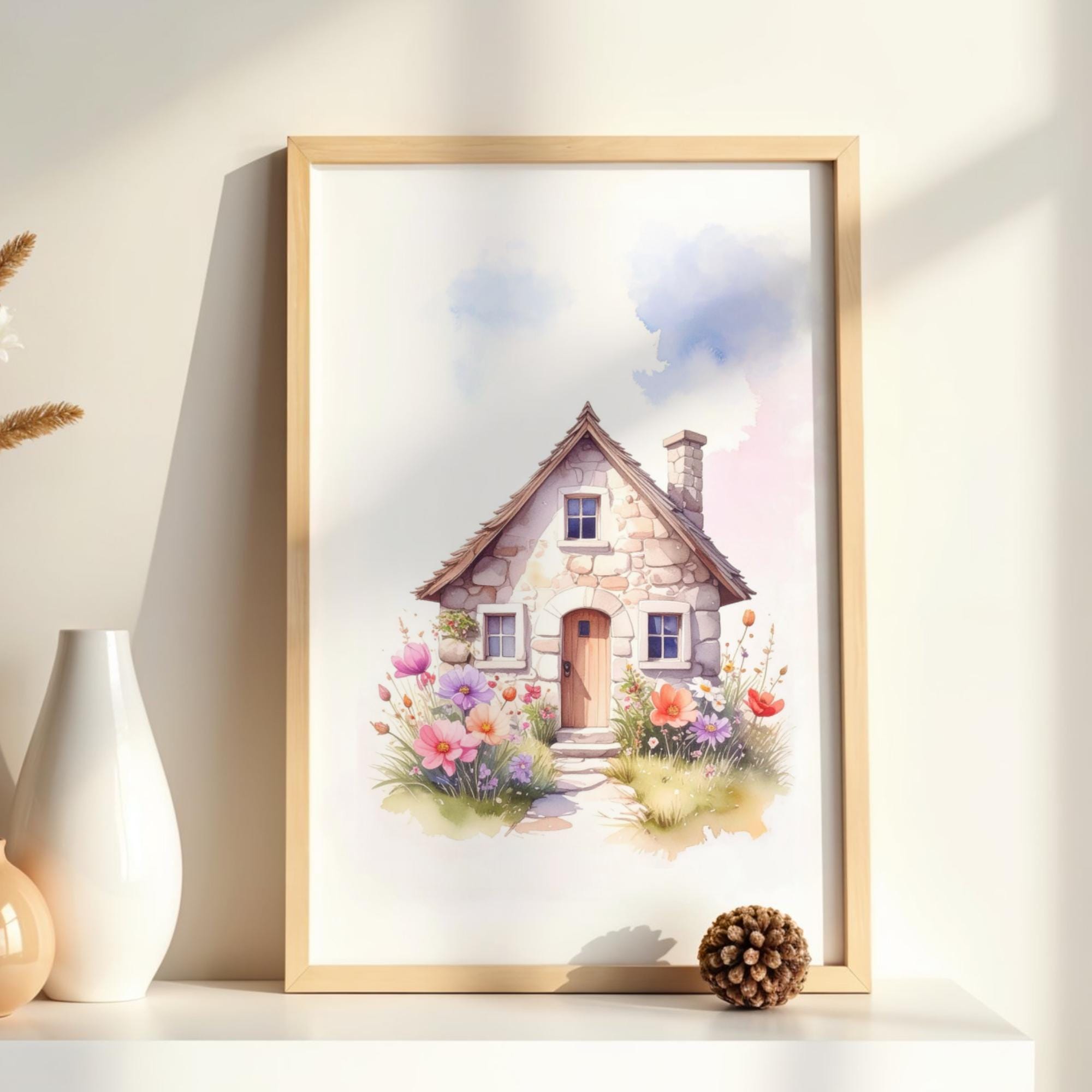 Stone Cottage Watercolor Outline | Cottagecore DIY Card Template (PDF ...