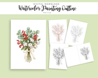 Winter Bouquet Watercolor Outline | Christmas Botanical Painting Template | Holiday Card PDF