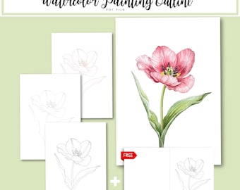 Watercolor Tulip Outline | Botanical Sketch Template (PDF Pattern)