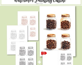 May include: Digital download of a watercolor painting outline. The image shows illustrations of glass jars filled with coffee beans. Some jars are coloured, while others are line drawings. The text "Watercolor Painting Outline" is at the top.