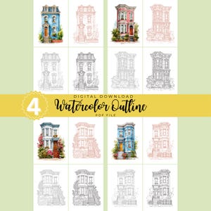 May include: A digital download featuring watercolor outlines of houses in various styles. The image includes colorful renderings of houses in blue, red, and pink, along with black and white line drawings. Text reads "4 Watercolor Outline PDF File."