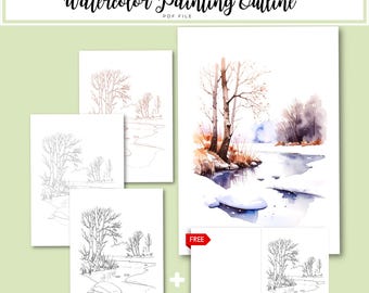 May include: Digital download of a watercolor painting outline in PDF file format. The image shows a winter landscape with trees, a river, and snow. The image includes a free bonus outline.