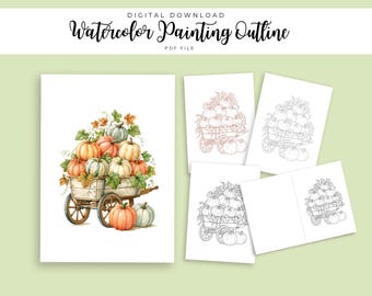 Autumn Pumpkin Cart Watercolor Outline | Fall Harvest Wagon Painting Template | DIY Card PDF
