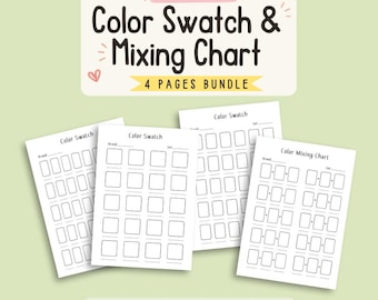 May include: A printable colour swatch and mixing chart bundle consisting of four pages. The documents feature blank grids for recording brand and set names, with boxes for colour samples and mixing combinations. Includes PDF download and A4 size icons.